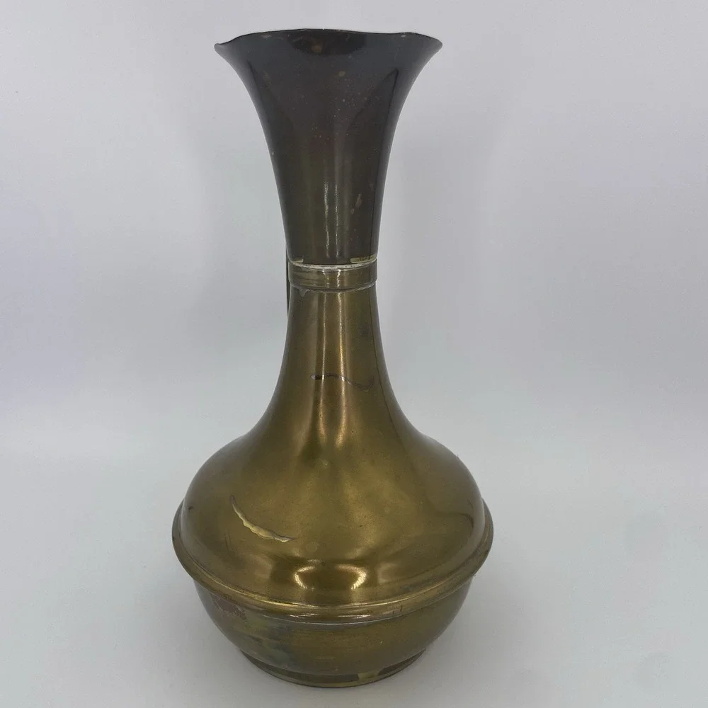 Vintage MCM  Brass Water Pitcher Vase Decanter With Curved Handle 9.5